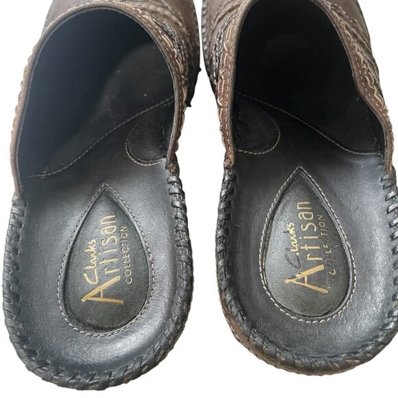Clarks Artisan Leather Slip On Brown Embroidered Clogs 7 Comfy Wedge Boho Casual - Picture 3 of 9
